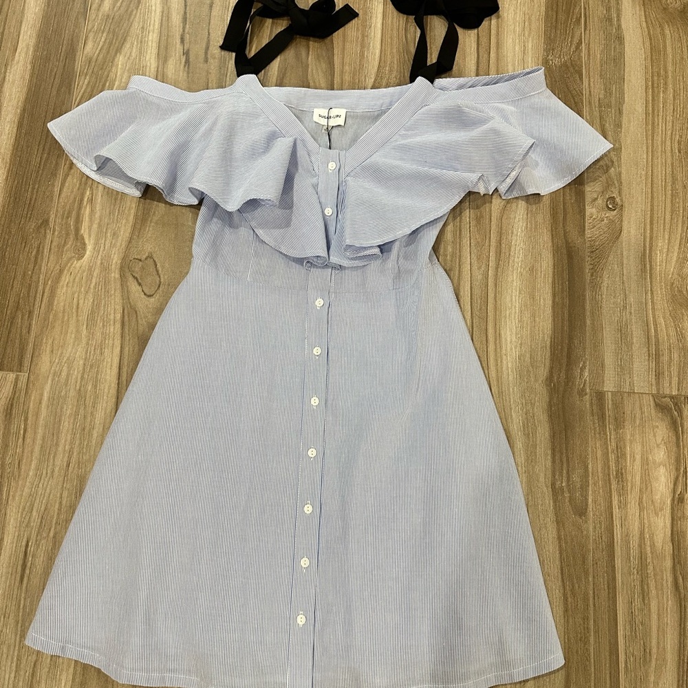 NWT Beautiful and feminine A-Line Sugar+Lips Light Blue Off-Shoulder Dress Sz S - Picture 4 of 16